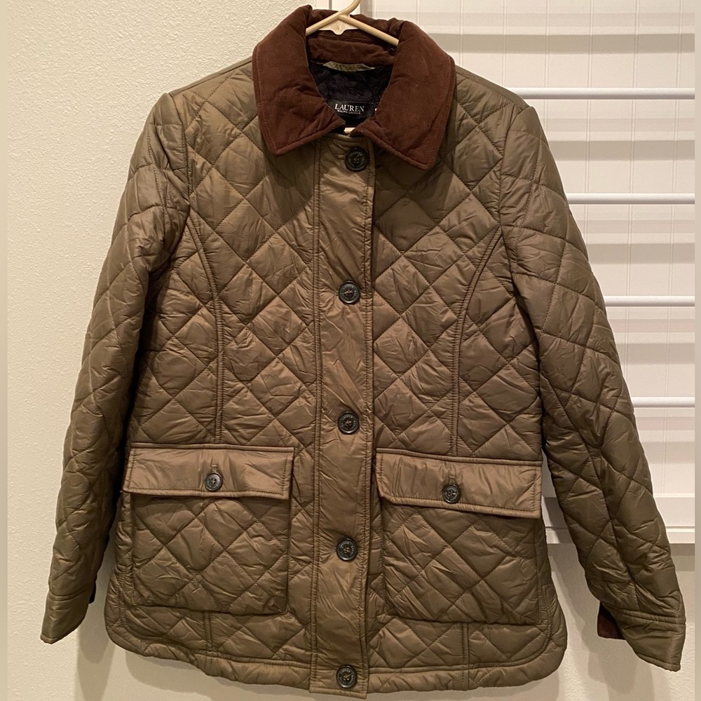 LAUREN RALPH LAUREN Quilted Barn Coat,Corduroy Collar, medium